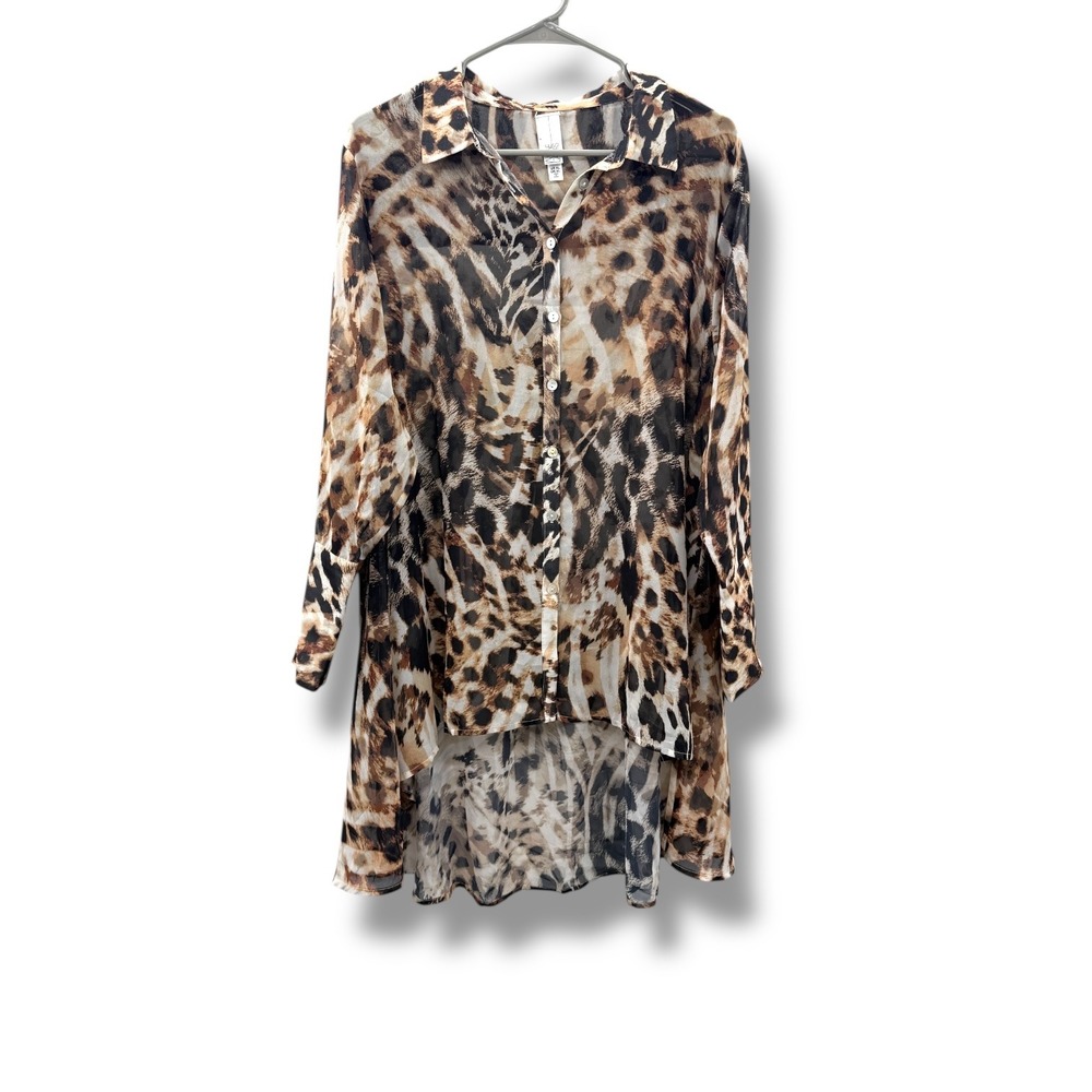 Wynne‎ Layers Animal Print High Low Tunic Women's XL Sheer Button Front